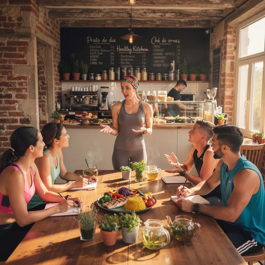 Mesa cheia de pratos saudáveis com peixe grelhado, legumes e nozes.