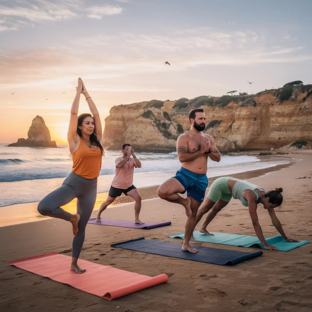 Pessoa meditando em uma praia ao pôr do sol, simbolizando a conexão entre mente, corpo e natureza.