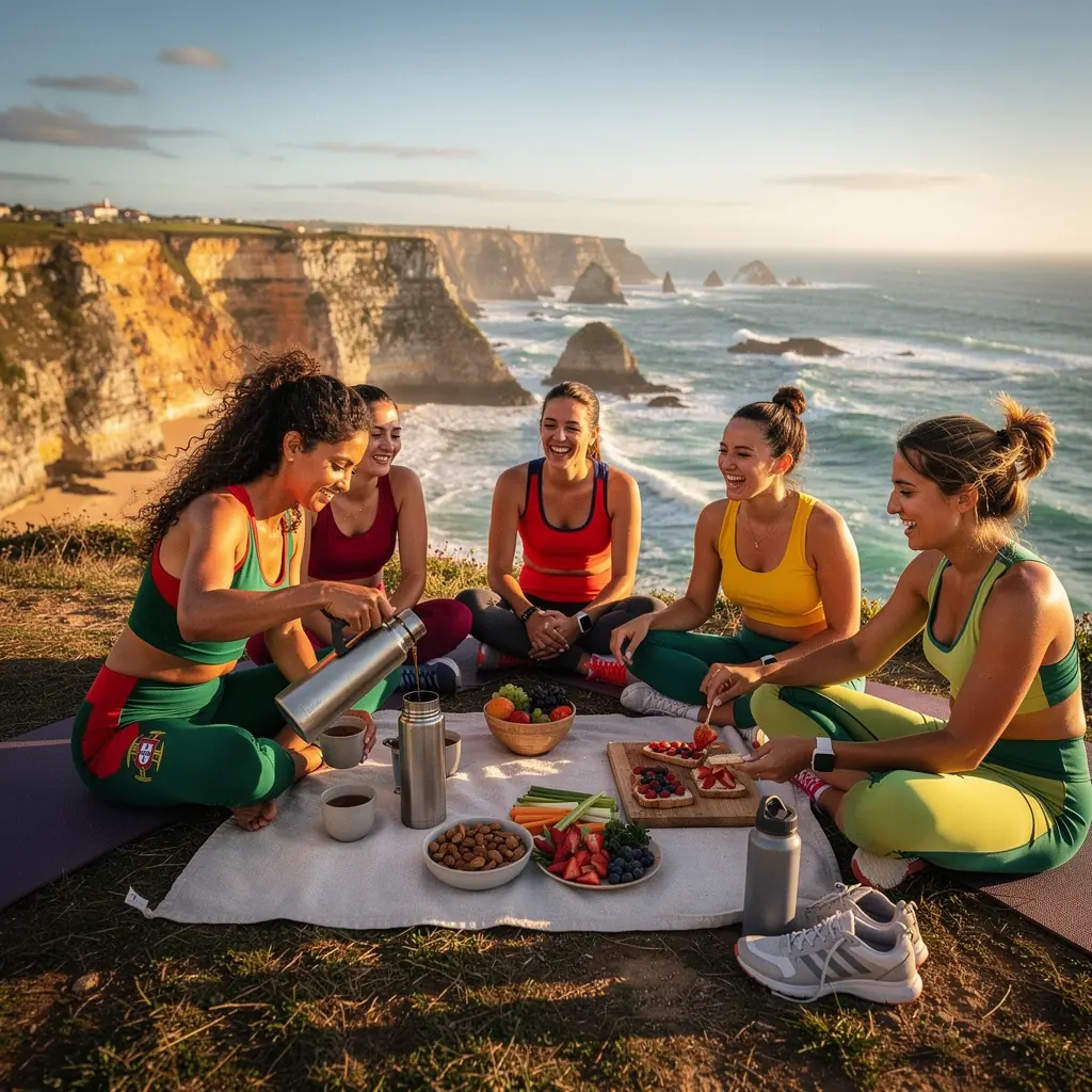 Grupo de pessoas praticando yoga em um estúdio arejado, com iluminação suave e elementos naturais.