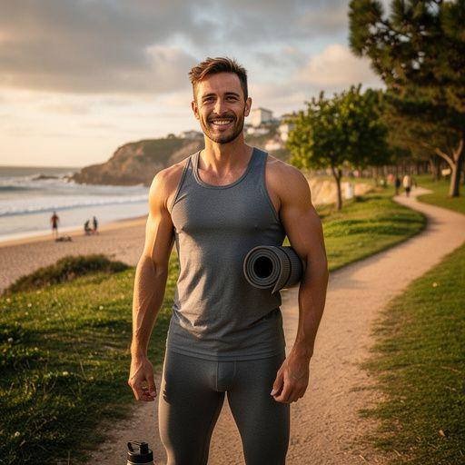 Praticante de yoga em um ambiente natural, cercado por folhas verdes e flores.